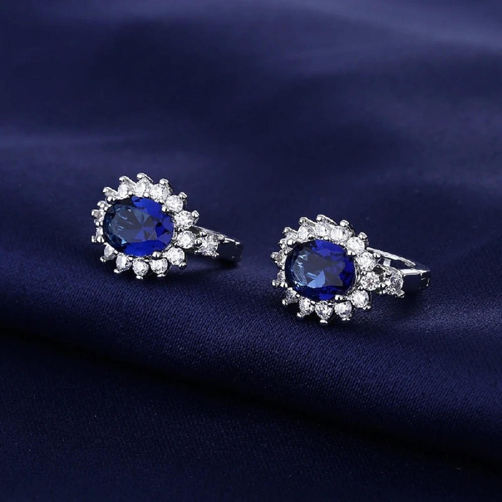 Sapphire White Dia Silver Princess Diana Halo Ring or Earrings